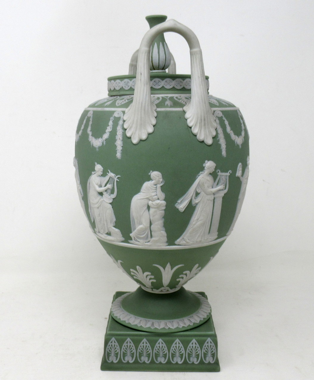 229. Antique Green Wedgwood Jasperware Ceramic Urn Vase after John Flaxman Cherubs - Image 3