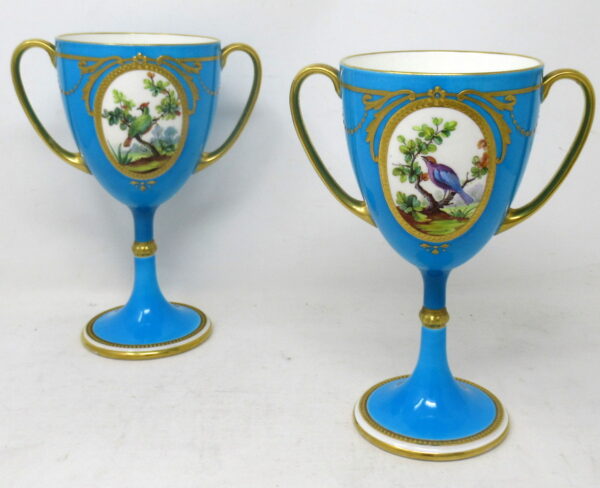 801. Antique Pair Minton Staffordshire Porcelain Vases Centerpieces Birds Turquoise