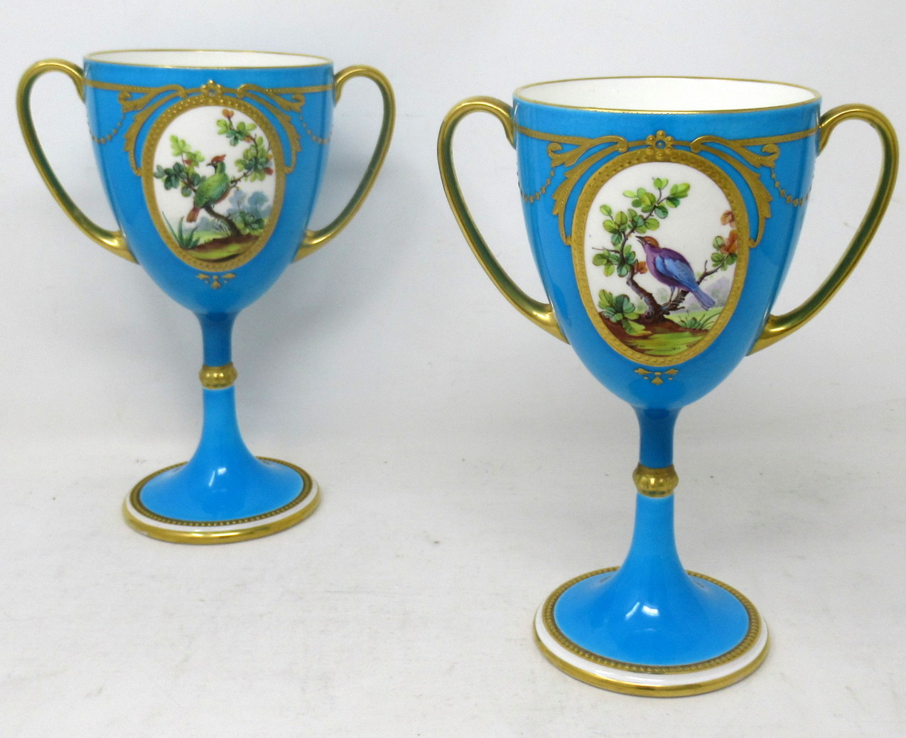 801. Antique Pair Minton Staffordshire Porcelain Vases Centerpieces Birds Turquoise
