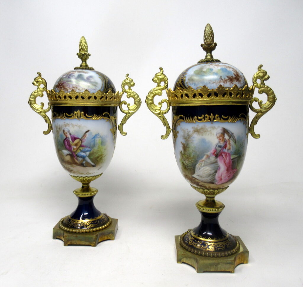 520. Sèvres Porcelain Watteau Scene Ormolu Cobalt Blue Urns Vases 19th Century Pair