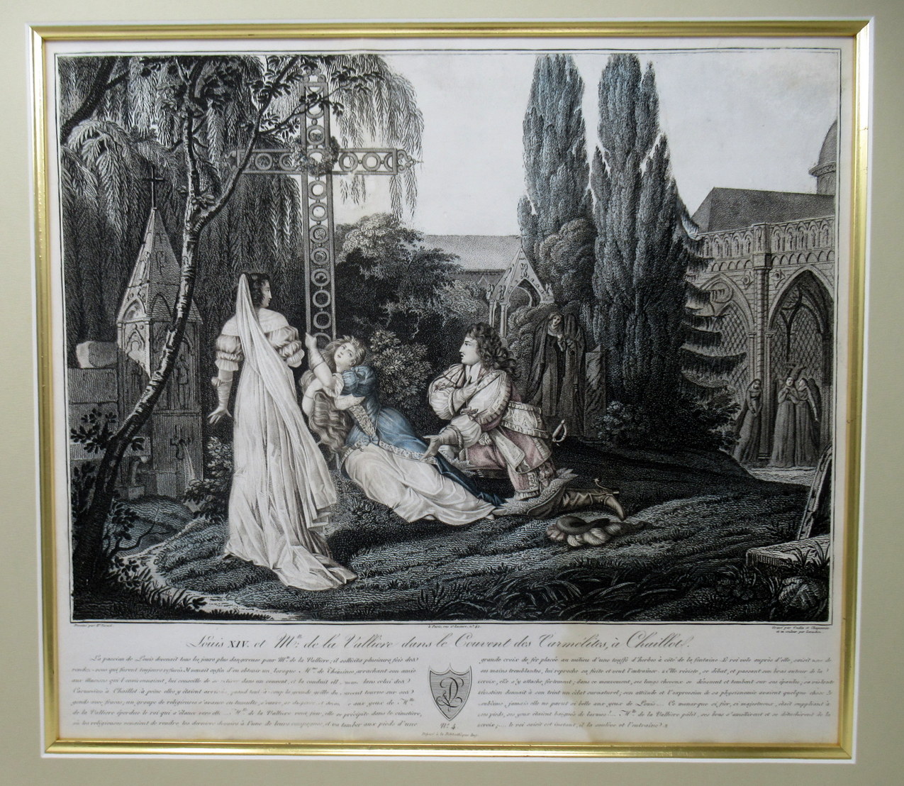 660. Duchess of La Valliere and Louis XIV in Convent Antique French Colored Engraving - Image 2
