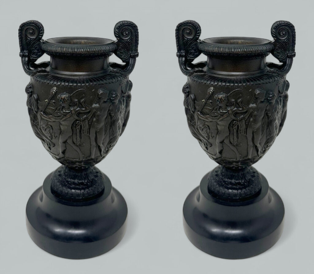 489. Antique Pair French Roman Bronze Townley Urns Vases Black Marble Grand Tour 19Ct