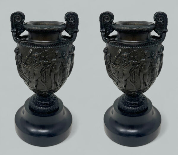 489. Antique Pair French Roman Bronze Townley Urns Vases Black Marble Grand Tour 19Ct