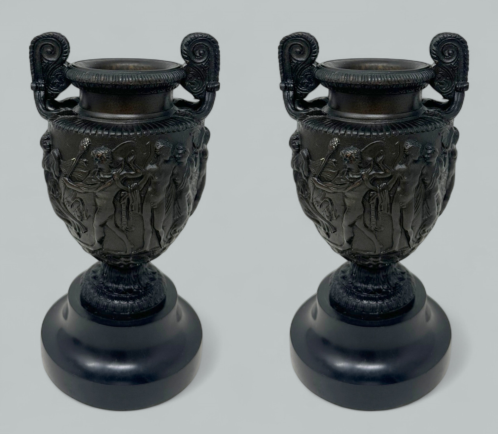 489. Antique Pair French Roman Bronze Townley Urns Vases Black Marble Grand Tour 19Ct