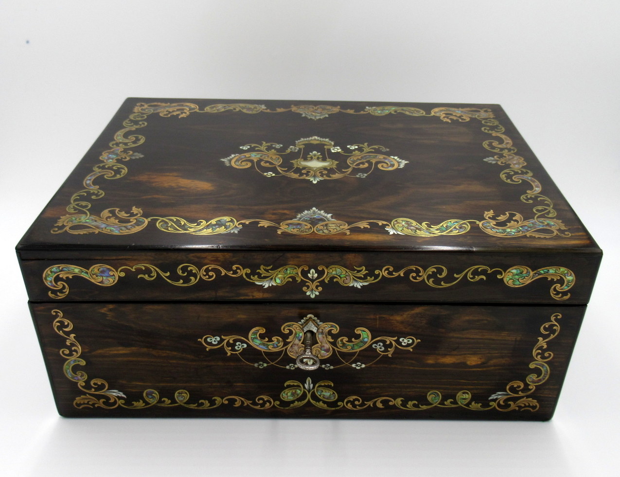 279. Antique Coromandel Mahogany Brass Inlaid English Writing Box Slope Mother Pearl - Image 5