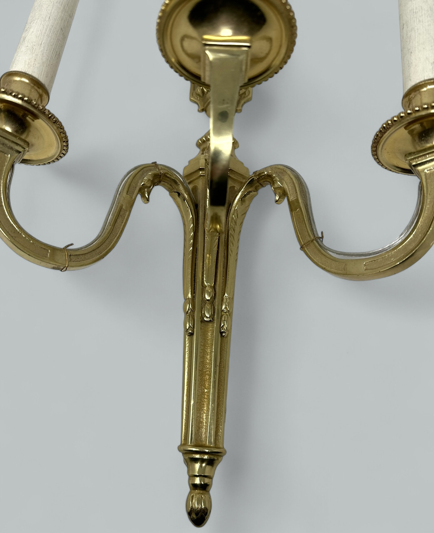 496. Antique Pair Ormolu Gilt Bronze Treble Light Wall Electric Sconces Appliques 19C - Image 4