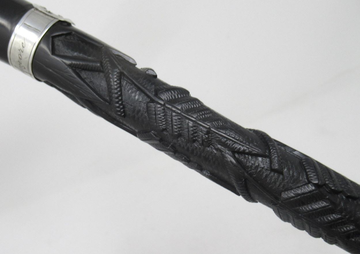 201. Fine Hand Carved Irish Bog Oak Walking Stick Silver Collar 19thCt - Image 6