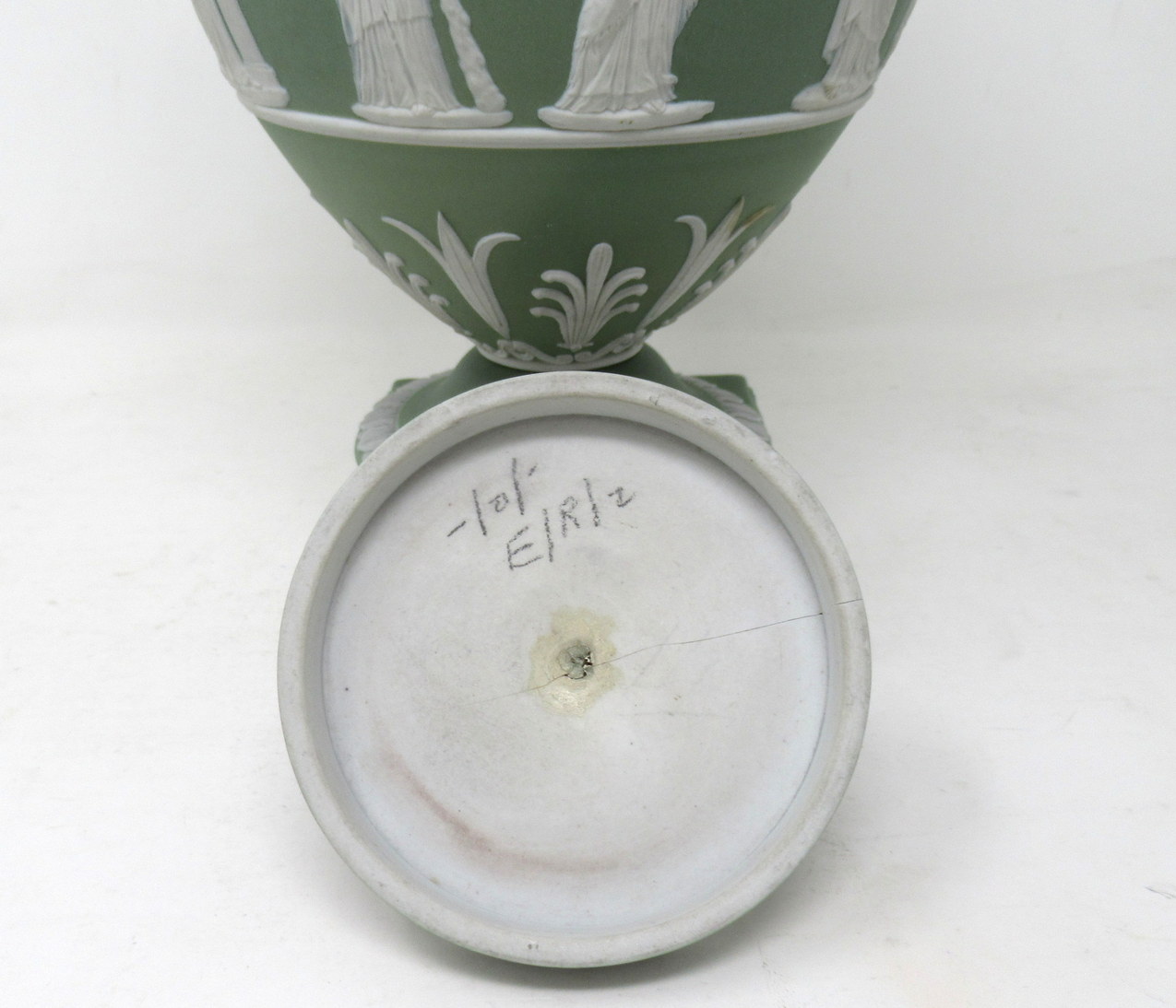 229. Antique Green Wedgwood Jasperware Ceramic Urn Vase after John Flaxman Cherubs - Image 6