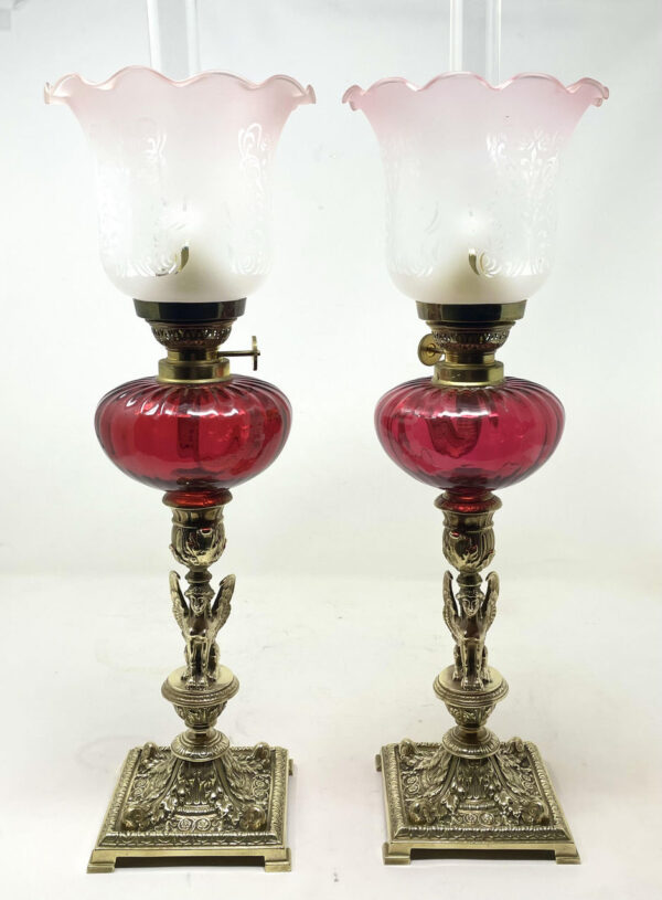 946. Pair Antique Grand Tour French Brass Egyptian Sphinx Oil Lamps Cranberry Glass