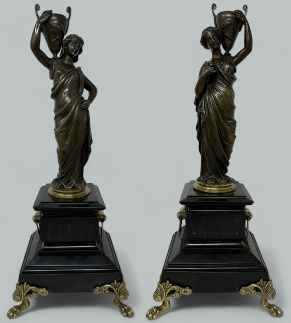 358. Antique Pair Figurel French Bronze Ormolu Marble Classical Maiden Female Figures