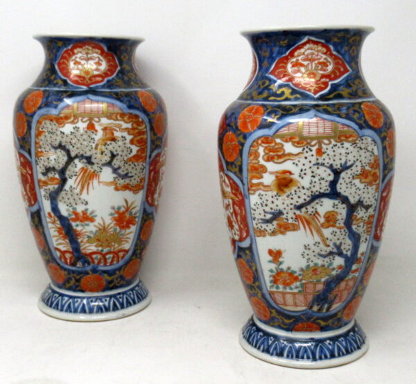 790. Antique Pair Japanese Chinese Imari Porcelain Ormolu Urns Vases Blue Red Gilt