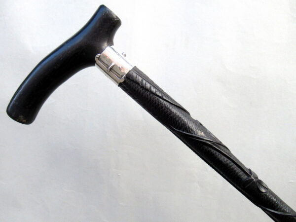 921. Fine Hand Carved Irish Bog Oak Walking Stick Silver Collar Hallmark 1900