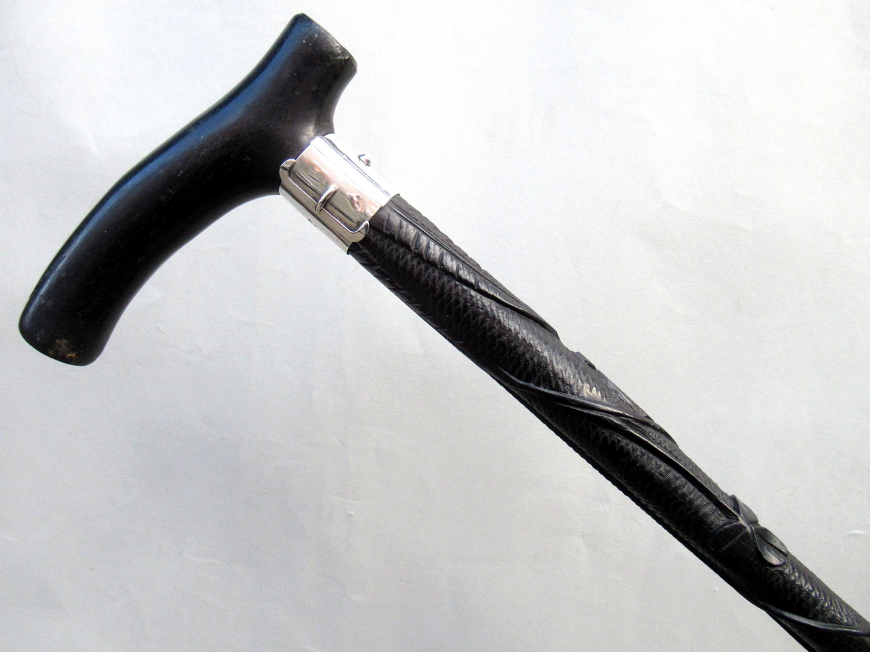 921. Fine Hand Carved Irish Bog Oak Walking Stick Silver Collar Hallmark 1900
