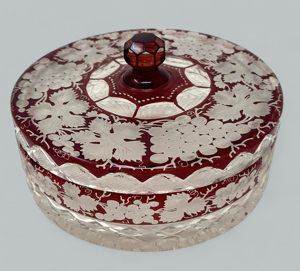 523. Antique Victorian Bohemian Hand Cut to Clear Crystal Ruby Red Glass Centerpiece