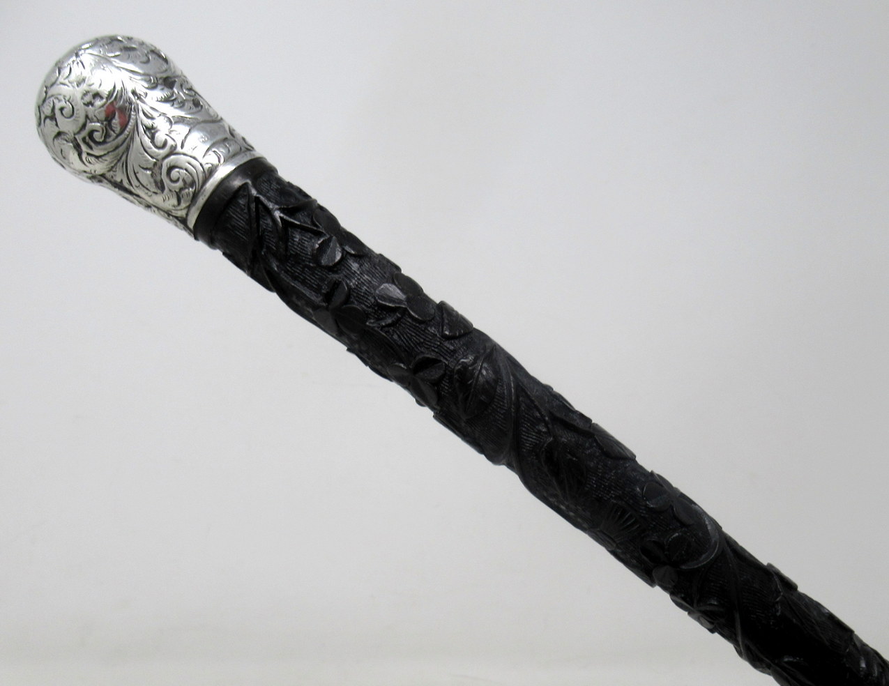 853. Antique Vintage Irish Bog Oak Wooden Walking Cane Swagger Stick Sterling Silver - Image 7