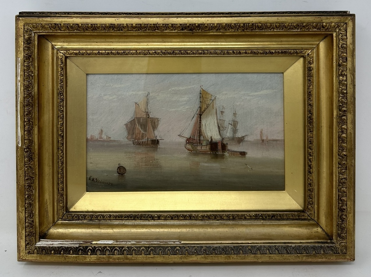 626. Edward King Redmore Pair Antique Oil Painting Harbor Scene Seascape Fishing Boats