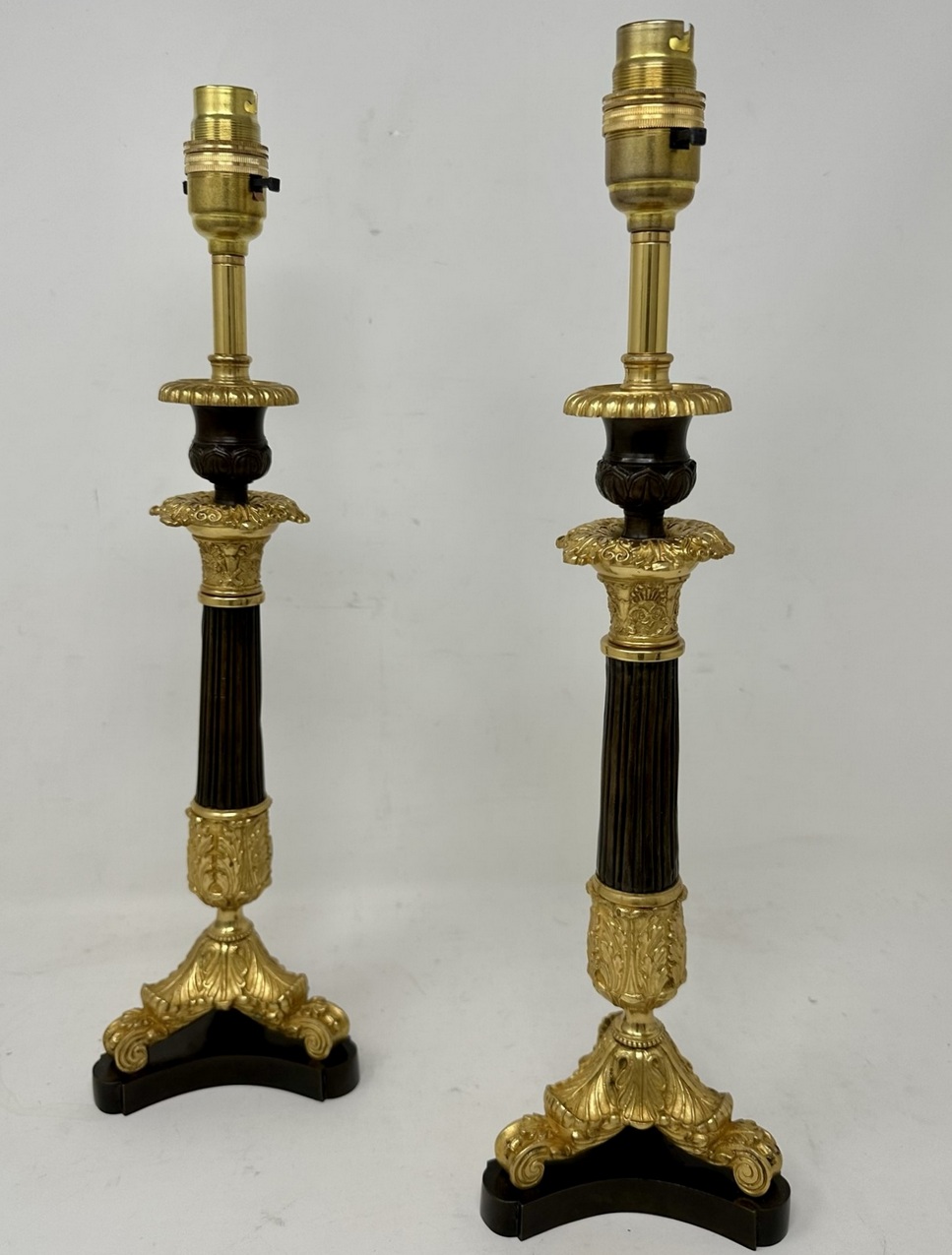 077. Antique Pair of French Doré Bronze Neoclassical Ormolu Gilt Candlestick Lamps - Image 2