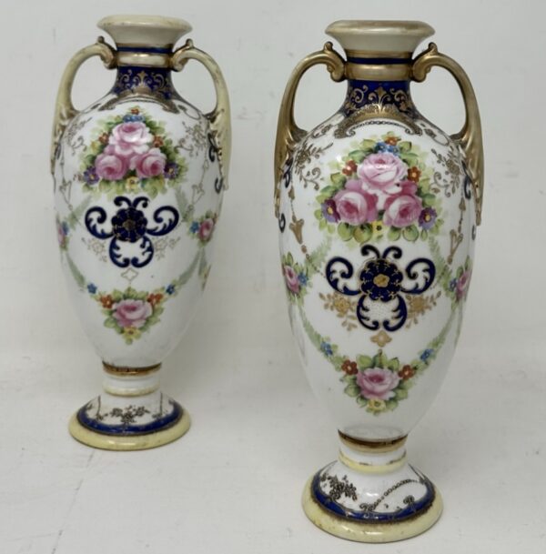 233. Antique Pair Japanese Noritake Hand Painted Vases Urns Centerpieces Pink Roses