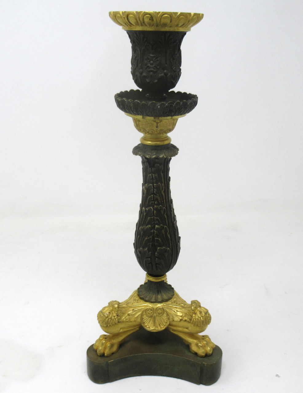 425. Pair of Ormolu Patinated Gilt Bronze Acanthus Empire-Style Candlesticks 19th Ct - Image 4