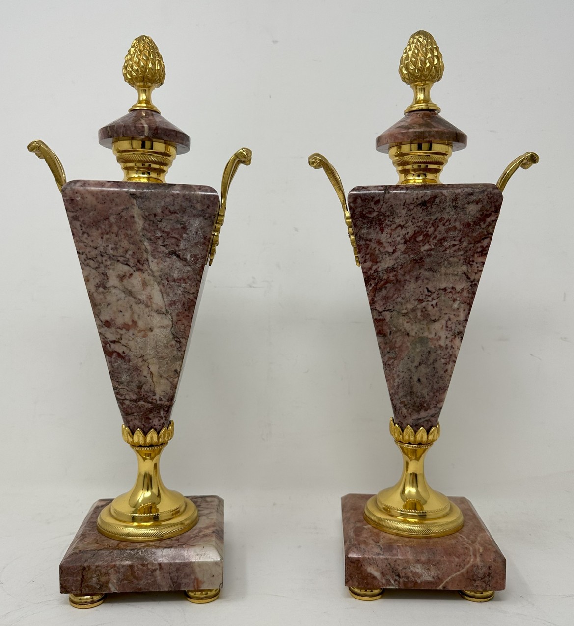 387. Antique Pair French Breche Violet Marble Gilt Bronze Ormolu Urns Vases 19th Century - Image 3