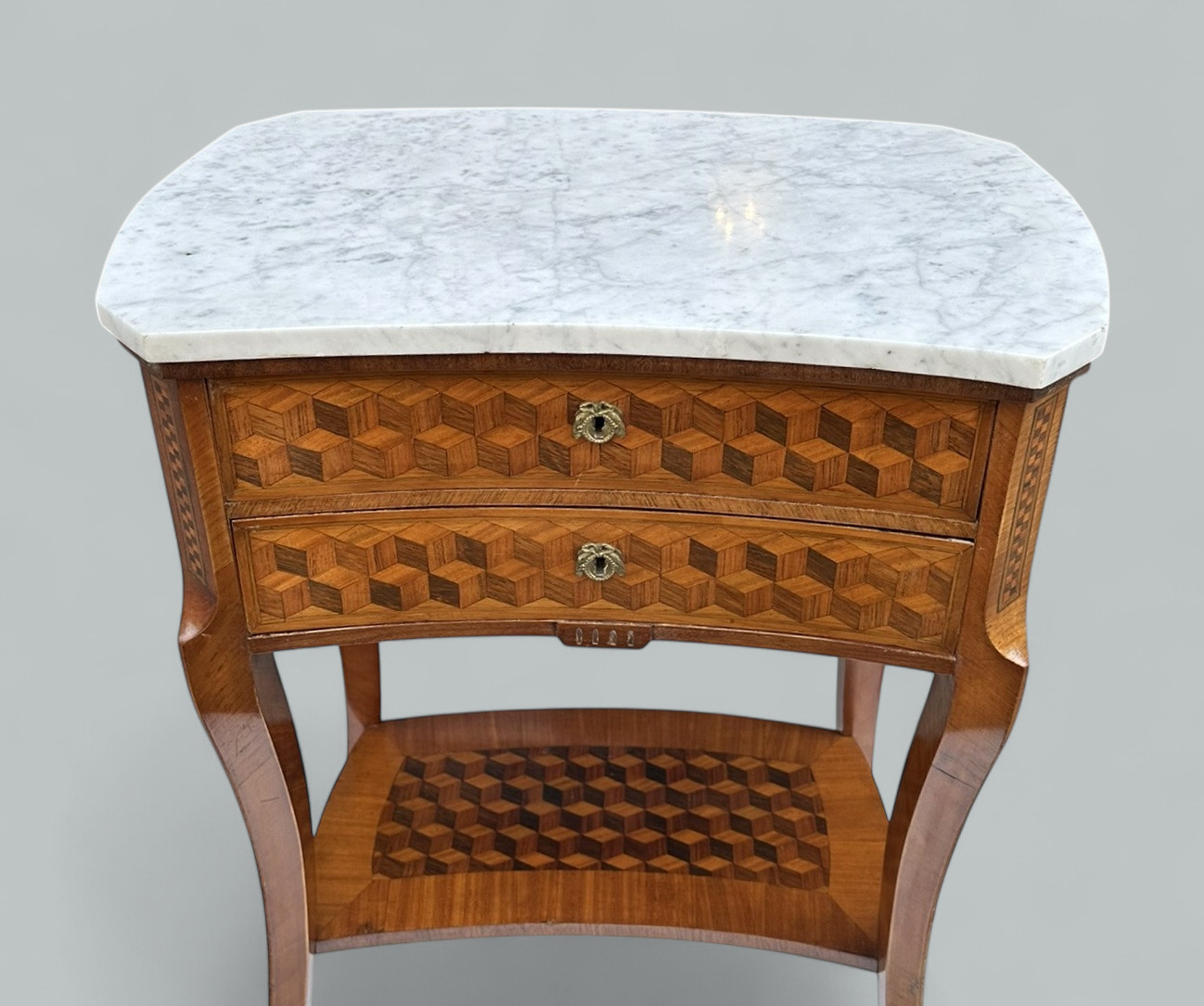 649. Antique French Marquetry Marble Top Kingwood Bedside Cabinets Locker Nightstands - Image 5