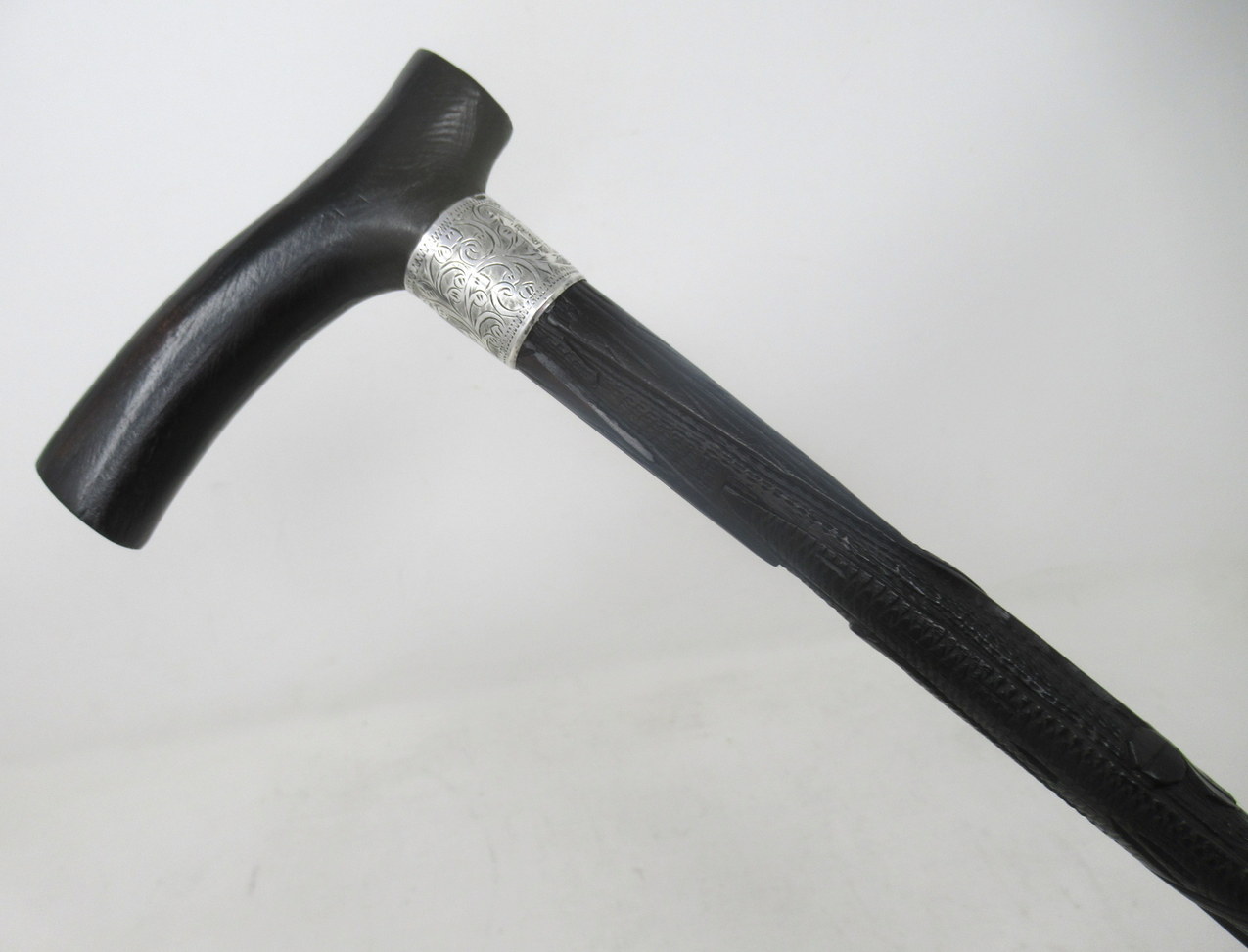001. Fine Hand Carved Irish Bog Oak Walking Stick Silver Collar Hallmark 1901 - Image 2