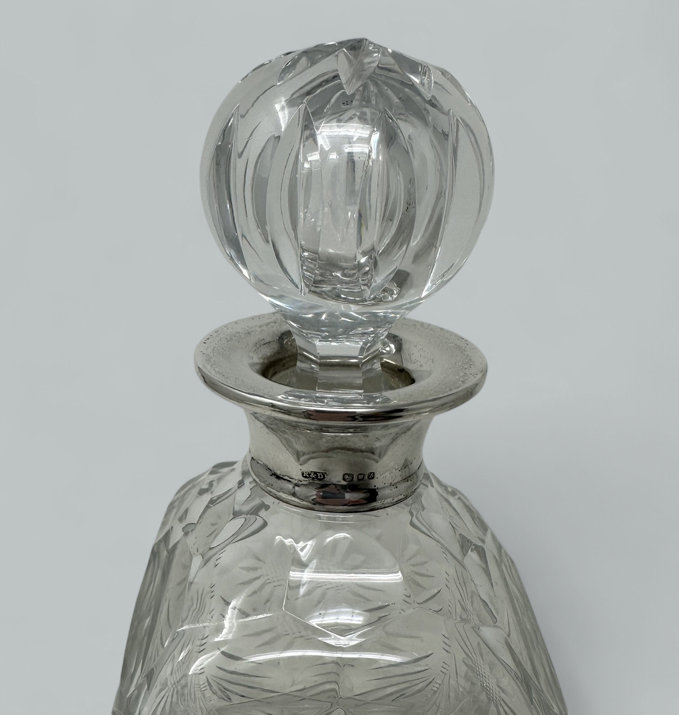 616. Pair Mid Century Full Lead Crystal Sterling Silver Spirits Wine Decanters, 1966 - Image 4