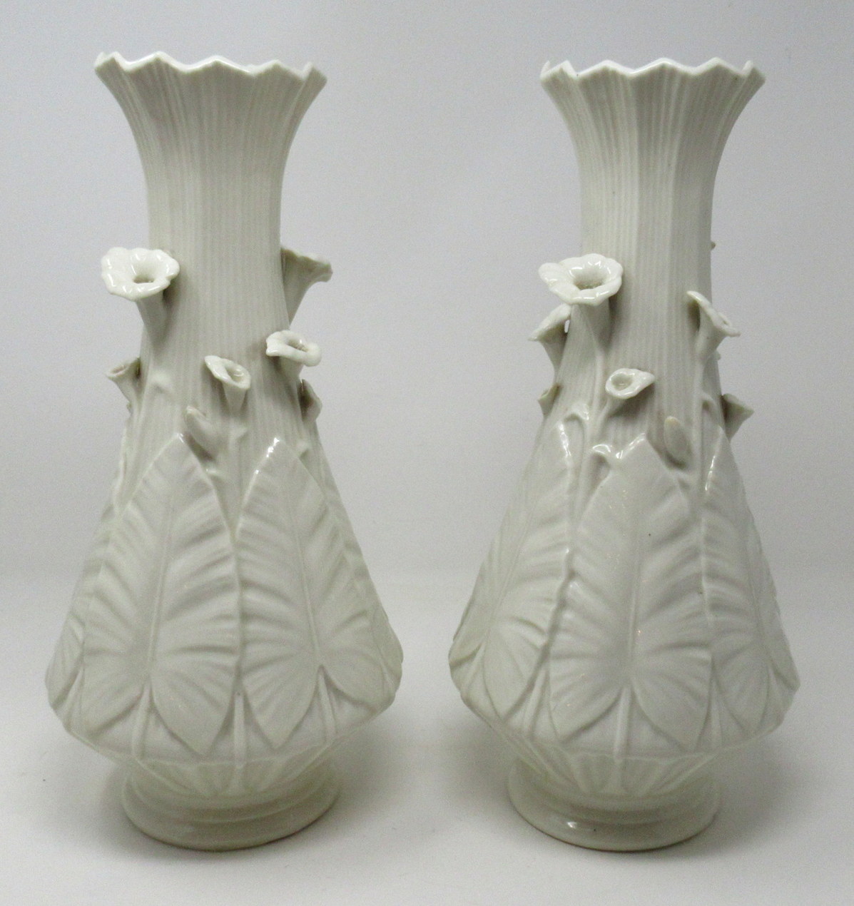 504. Rare Large Pair Irish Belleek Nile Vases Cala Lily Black Mark 1863-1891 - Image 3