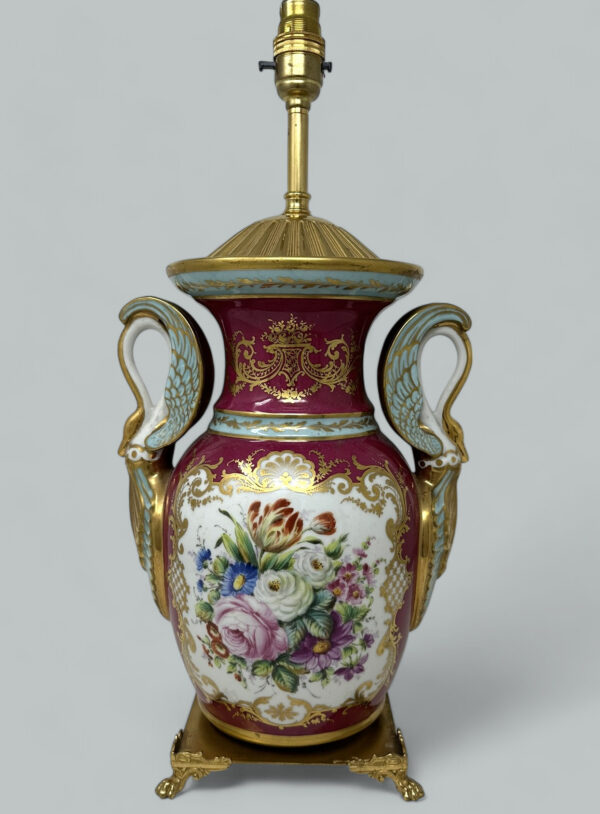 361. French Sèvres Porcelain Still Life Flowers Ormolu Buurgundy Table Lamp Bronze