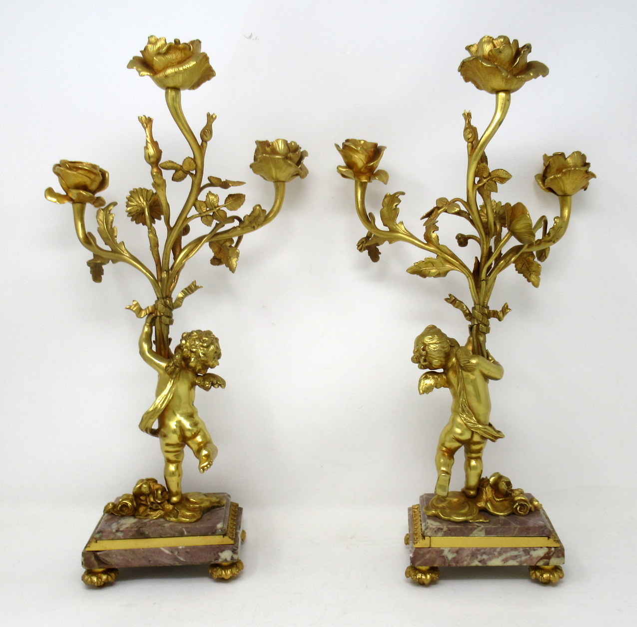 421. Antique Pair French Breche Violet Gilt Bronze Candelabra Candlesticks 19Ct - Image 3