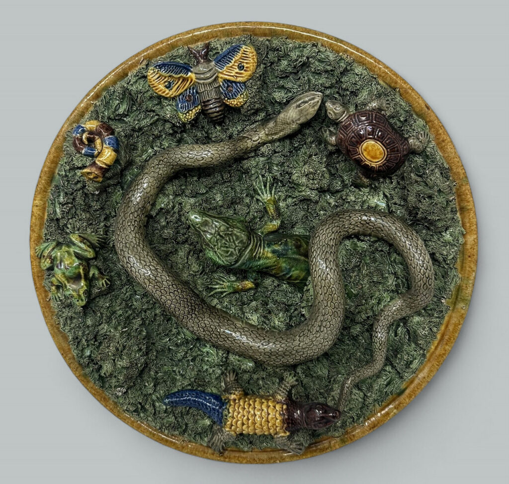 447. Antique Majolica Palissy Portuguese Charger by Jose A Cunha Butterfly Snake 1905
