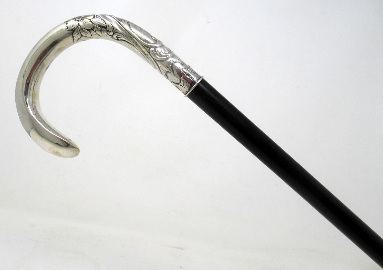464. Antique Vintage French Ebony Walking Stick Dress Cane Sterling Silver 1912 - Image 2