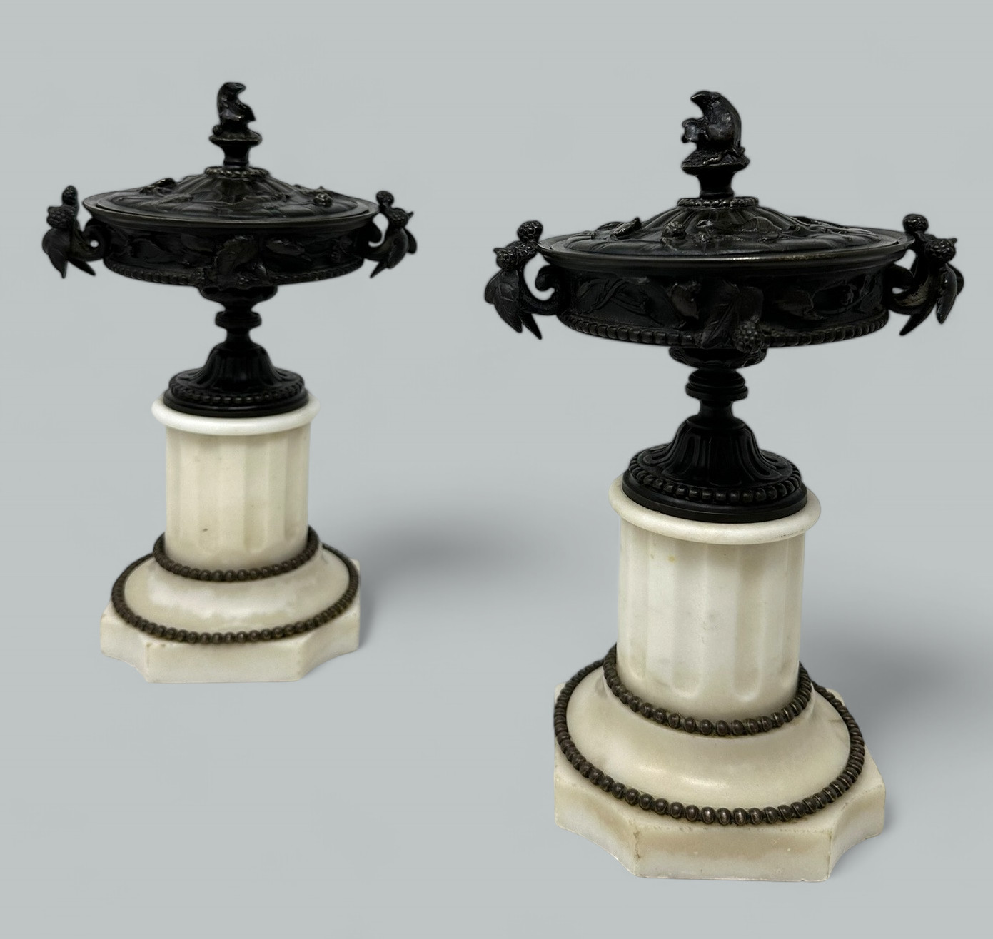 904. Pair French Grand Tour Ormolu Bronze Dore Statutory Marble Tazza Urns Vases 19Ct