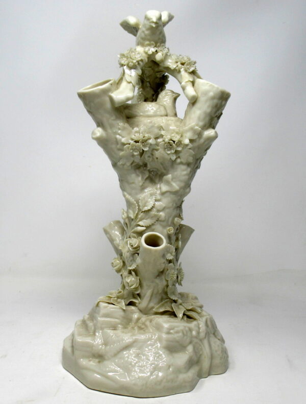 564.Antique Irish Belleek Bird Nest Tree Stump Vase Centerpiece Black Mark Ireland