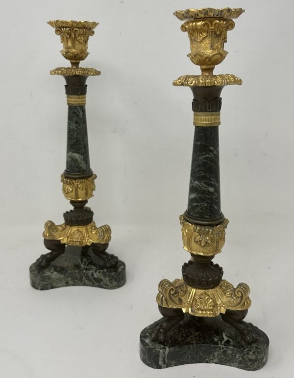 790. Antique Pair French Ormolu Verde Antico Marble Victorian Candlesticks Candelabra