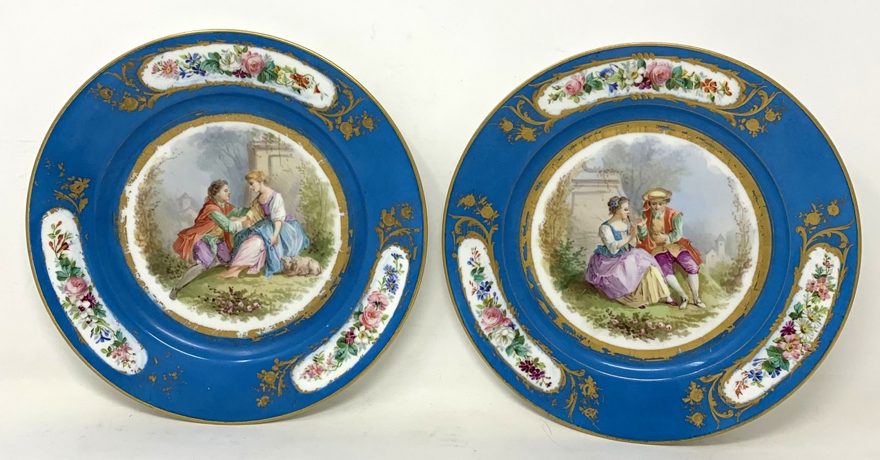 471. Antique Pair French Sevres Hand Painted Celeste Blue Circular Cabinet Plates late 19thCt - Image 8