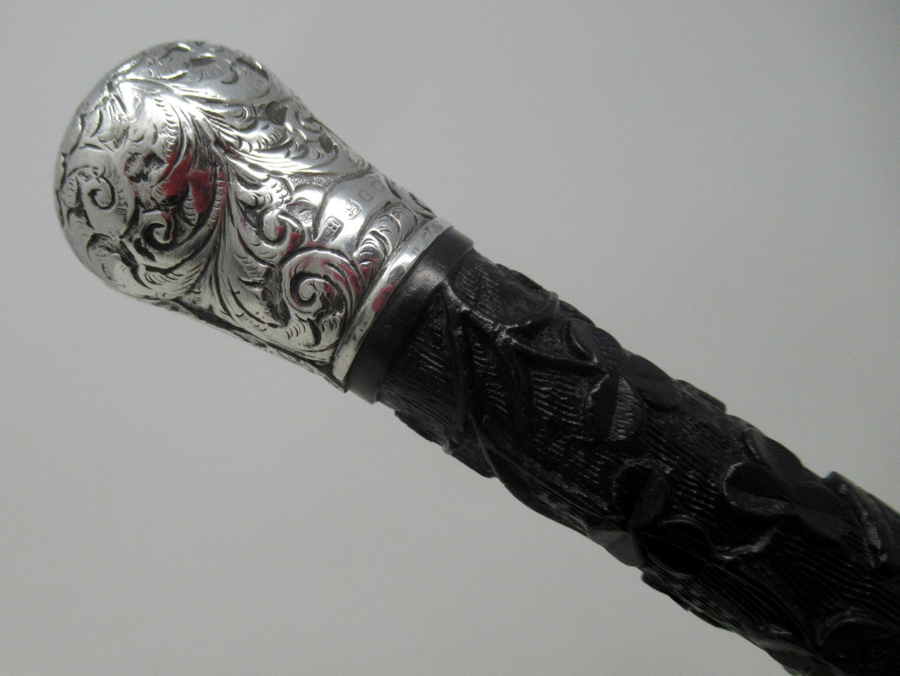 853. Antique Vintage Irish Bog Oak Wooden Walking Cane Swagger Stick Sterling Silver - Image 8