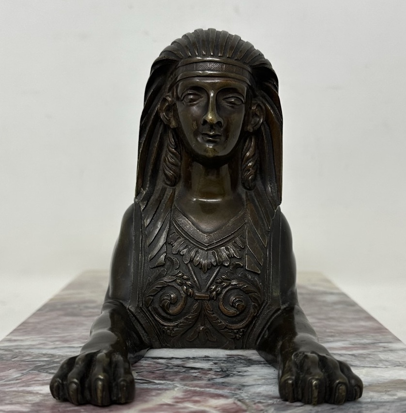 208. Antique Pair Grand Tour Bronze Egyptian Sphynx Figures Breche Violet Marble 19Ct - Image 7