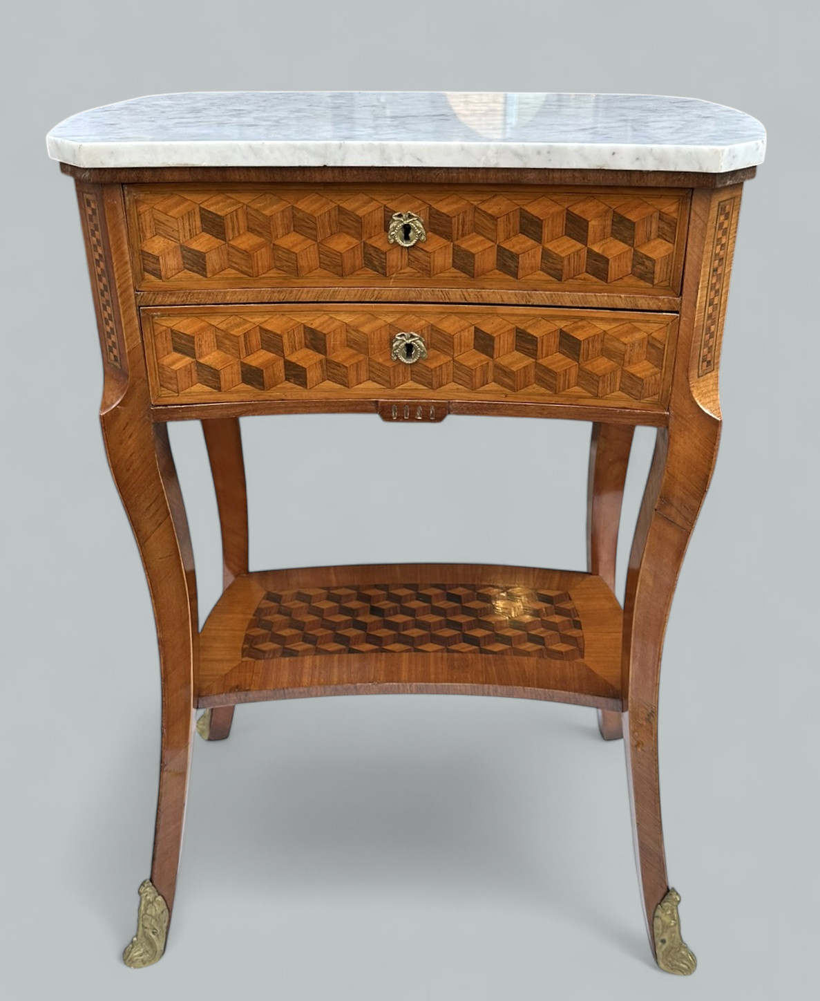 649. Antique French Marquetry Marble Top Kingwood Bedside Cabinets Locker Nightstands - Image 4