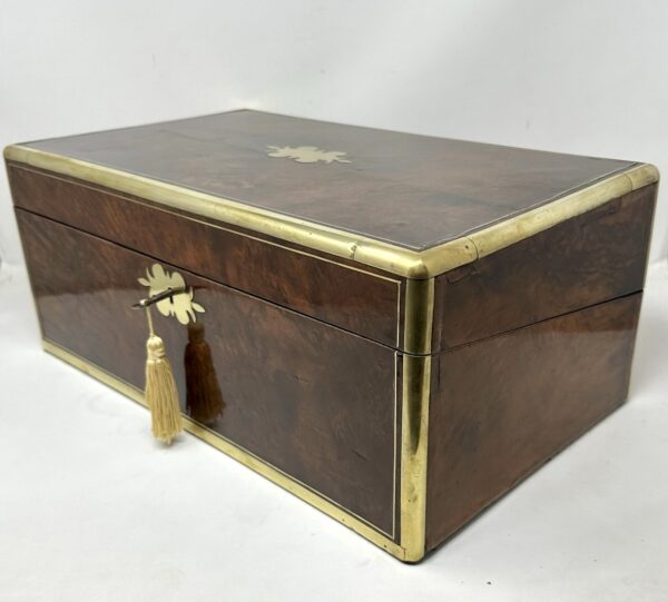 511. Antique Victorian Brass Burl Walnut Traveling Desk Wooden Writing Slope Box 19Ct