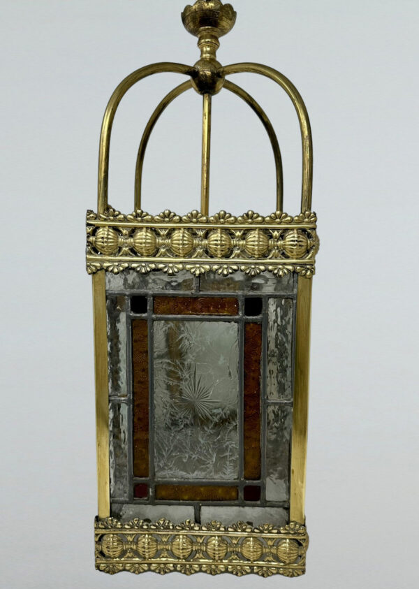 349. Antique Vintage English Edwardian Stained Amber Glass Ceiling Light Lantern