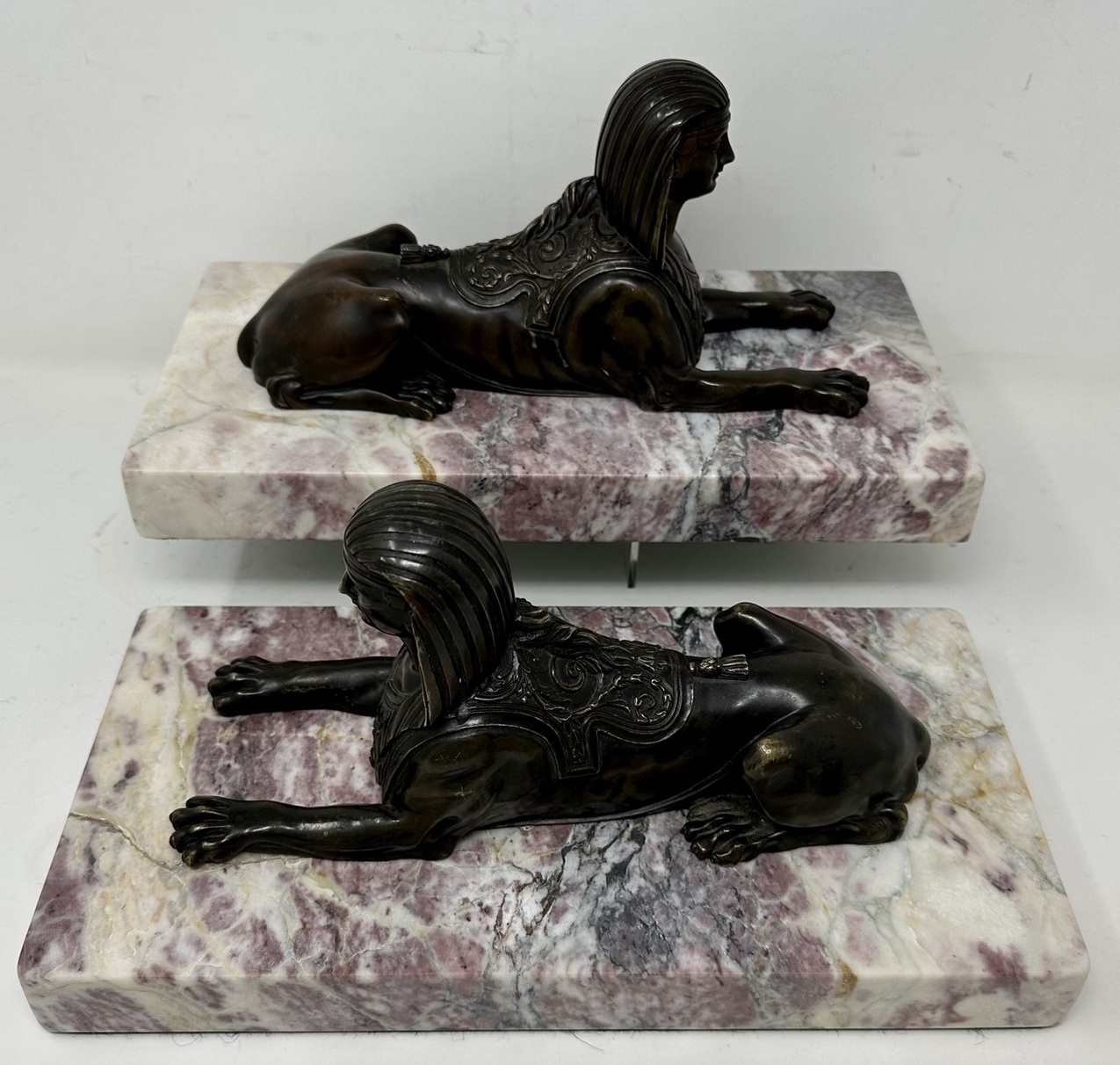 208. Antique Pair Grand Tour Bronze Egyptian Sphynx Figures Breche Violet Marble 19Ct - Image 3