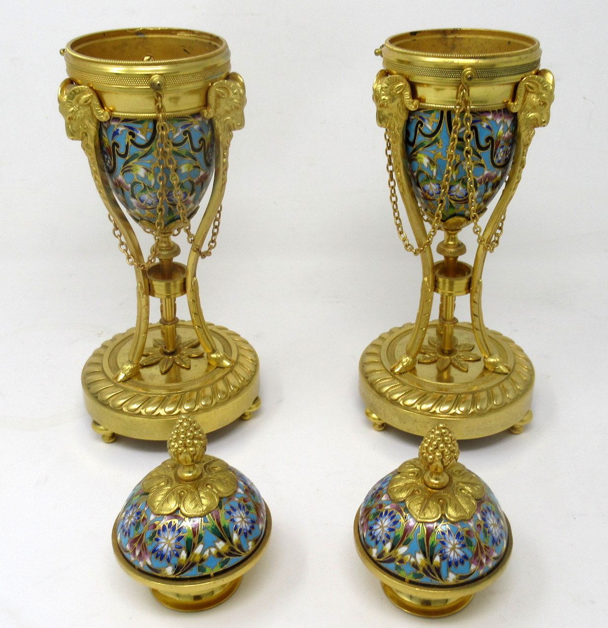 848. Antique Pair French Champlevé Enamel Ormolu Gilt Bronze Cassolettes Urns Vases - Image 6