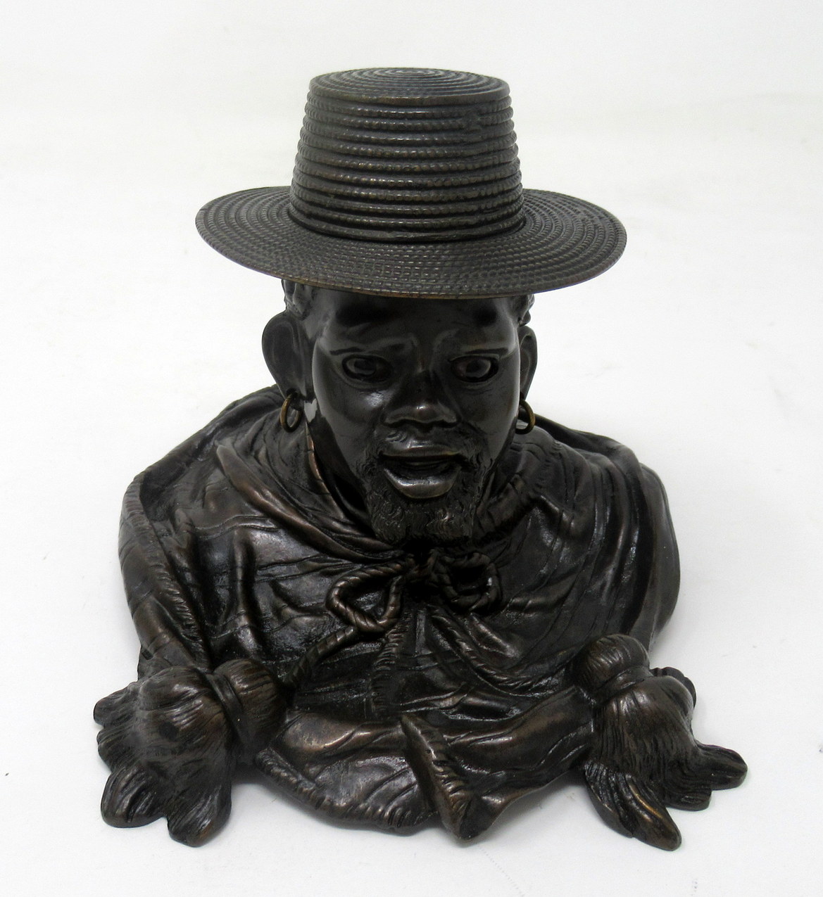 672. Antique Chinese Japanese Bronze Inkwell Male Bust Pair French Ormolu Desk Set - Image 5