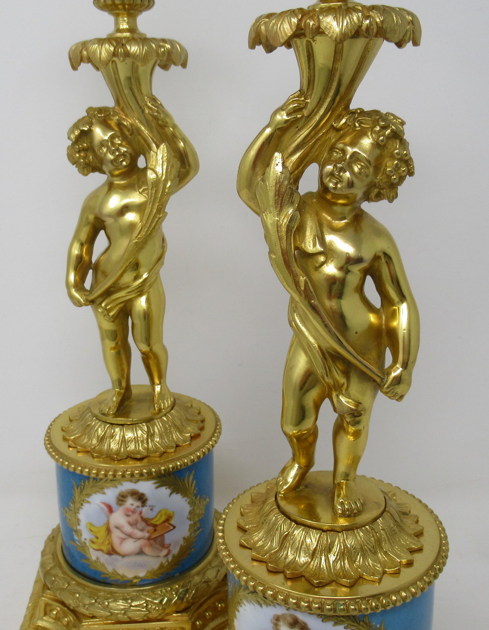 549. Antique Pair French Ormolu Sevres Porcelain Gilt Bronze Cherub Candlesticks 19th Century - Image 7