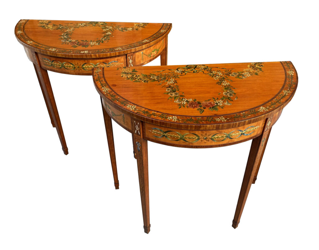 214. Pair Victorian Painted Satinwood Demi Lune Tables