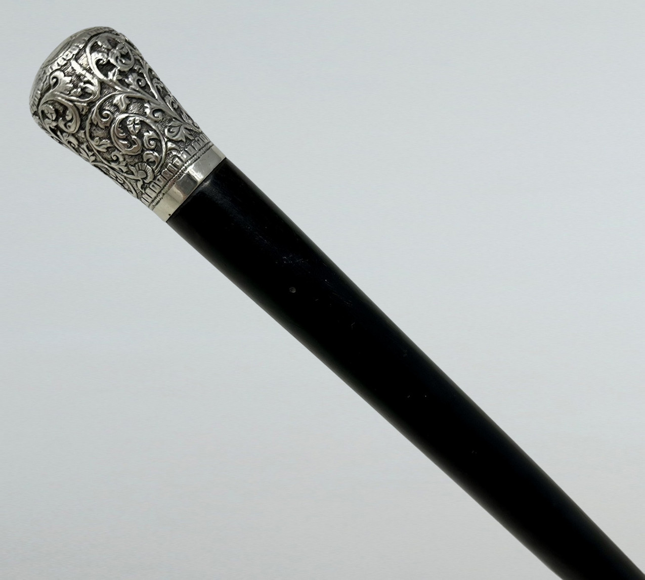 574. Antique Vintage Wooden Ebony Chinese Walking Stick Dress Cane Sterling Silver - Image 2