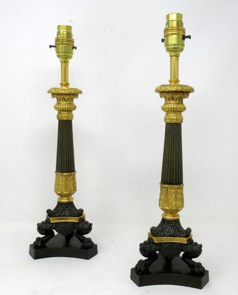 704. Antique Pair of French Doré Bronze Neoclassical Ormolu Gilt Candlestick Lamps