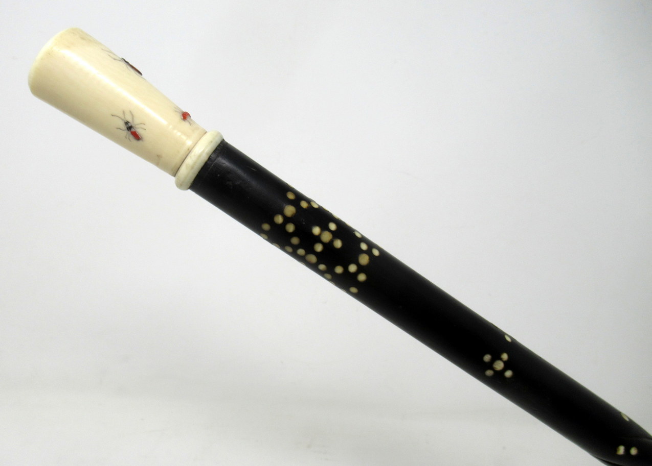 540. Antique Vintage Japanese Chinese Shibayama Ebony Wooden Walking Cane Stick - Image 4