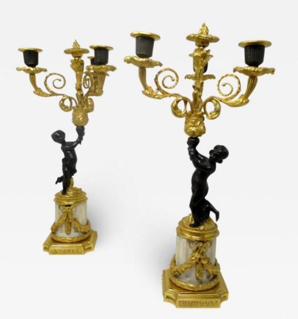 429. Antique Pair Gilt Bronze Ormolu Marble Three Light Candelabra Clodion Grand Tour